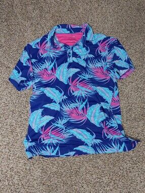 Tropical Leaf Print Polo in Blue, Teal & Pink